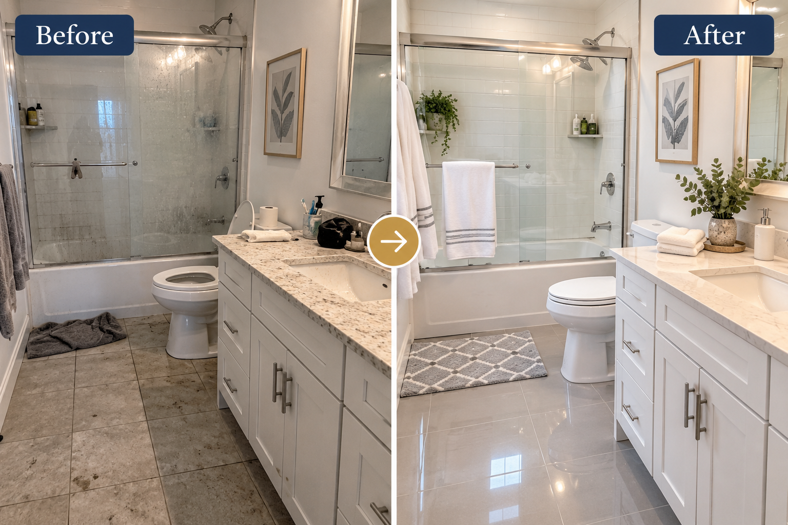 Illustration of a bathroom before and after cleaning