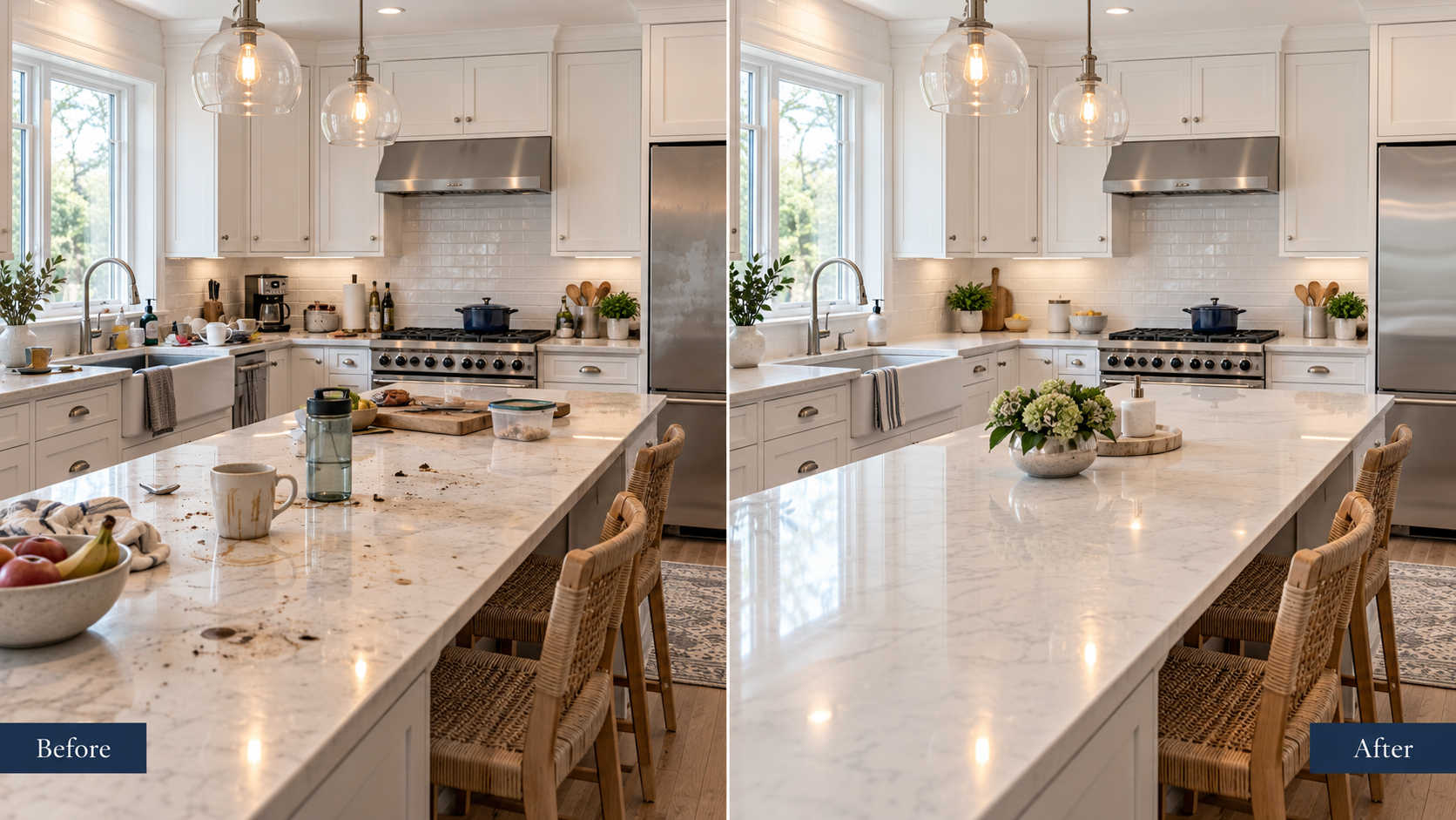 Illustration of a kitchen island before and after cleaning